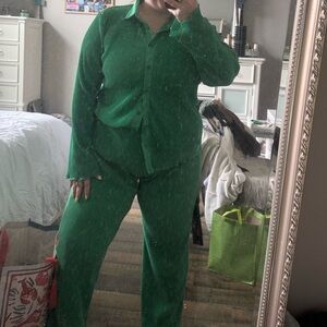 Green Button-Up Shirt and Pants Set